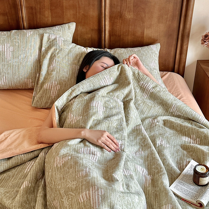 91家纺网 家纺一手货源 找家纺 吾诺 2025 全棉色织提花三层纱大豆夏被全棉夏被子被芯空调被夏凉被 蝶舞-绿