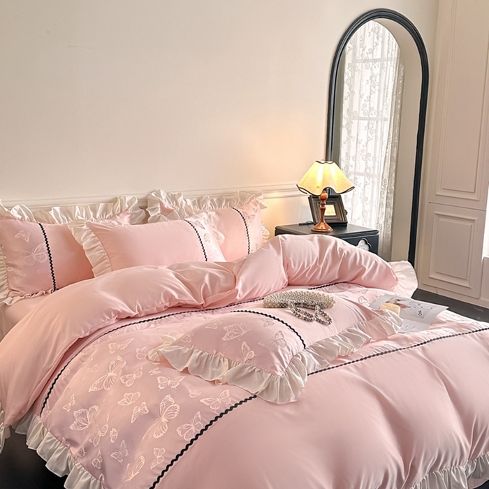 91家纺网 家纺一手货源 找家纺 米彩家纺 2025新款A类水洗真丝亮光浮雕花边四件套 粉玉