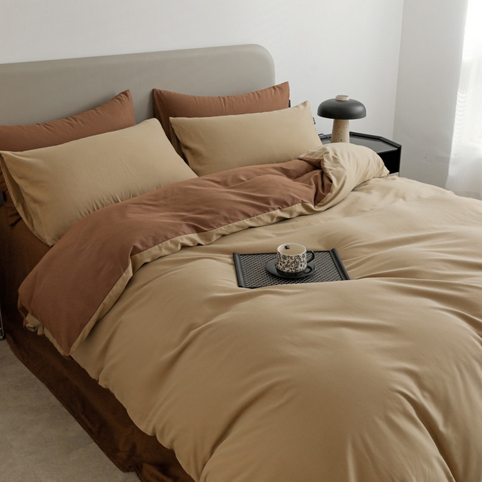 91家纺网 家纺一手货源 找家纺 2025年纯色双拼60支纯棉被套 卡其+亚麻咖