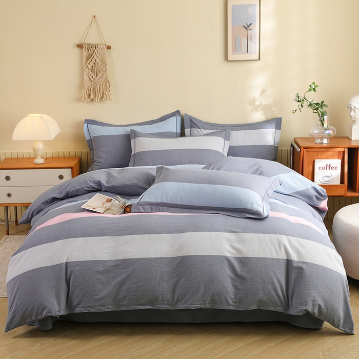 91家纺网 家纺一手货源 找家纺 木易家居 2025新款全棉色织水洗棉四件套海伦-蓝