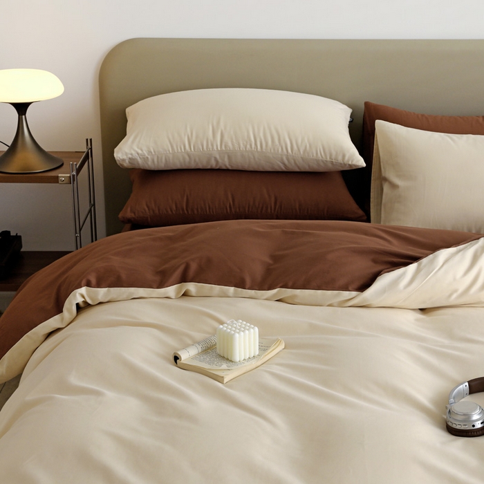 91家纺网 家纺一手货源 找家纺 2025年纯色双拼60支纯棉被套 奶白+亚麻咖