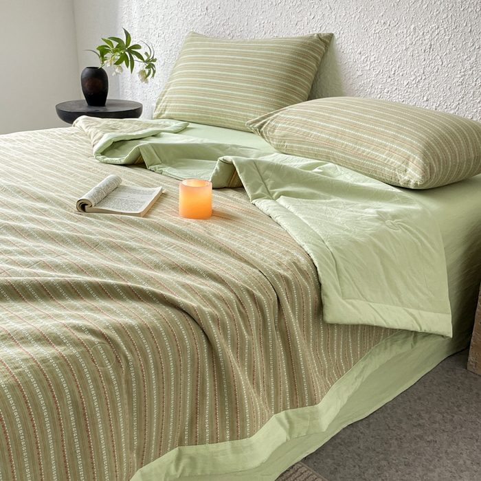 91家纺网 家纺一手货源 找家纺 吾诺 2025 全棉色织提花水洗棉大豆夏被子被芯全棉夏被四件套夏凉被空调被 摩卡绿