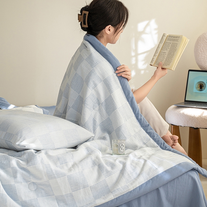 91家纺网 家纺一手货源 找家纺  吾诺 2025 棋盘格立体提花大豆夏被子被芯夏凉被空调被 棋盘格-蓝