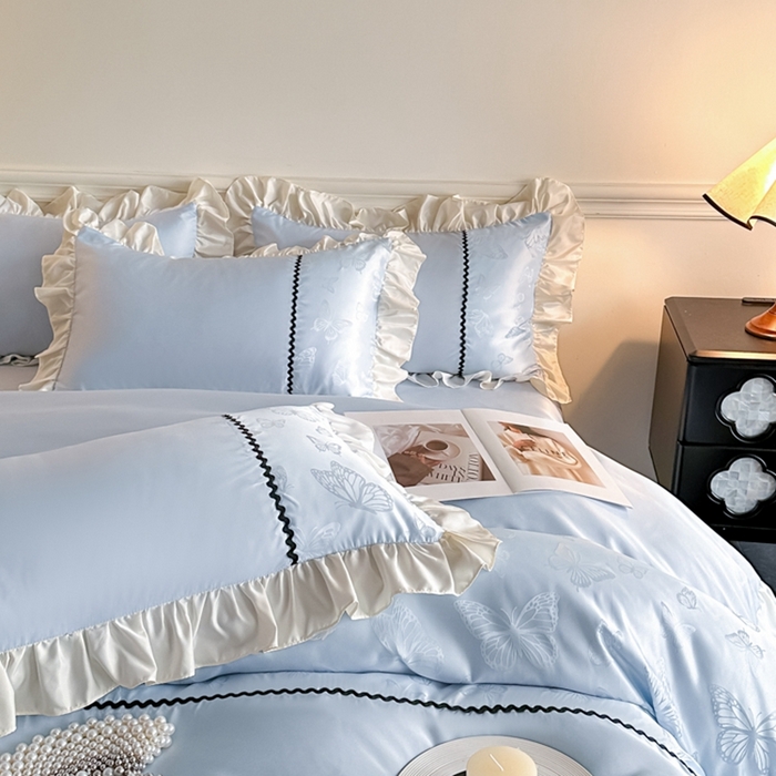 91家纺网 家纺一手货源 找家纺 米彩家纺 2025新款A类水洗真丝亮光浮雕花边四件套 天兰