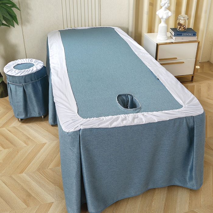 91家纺网 家纺一手货源 找家纺 芙怡 2025春夏新款8023款棉麻绒美 容床罩-花颜系列 花颜-湖蓝