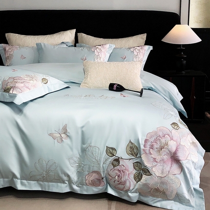 91家纺网 家纺一手货源 找家纺 2025新款高支高密全棉50s长绒棉绣花刺绣款纯棉四件套高端简奢直播礼盒装