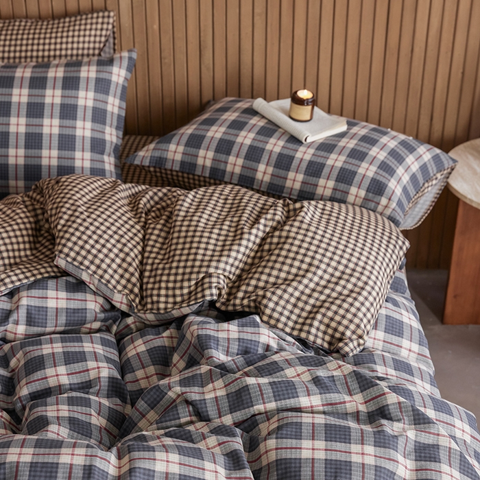 91家纺网 家纺一手货源 找家纺 安莱生活 2025 全棉双层纱苏格兰格纹系列四件套 集组格