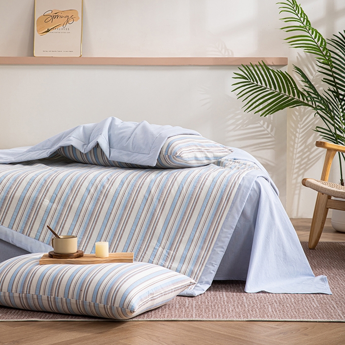 91家纺网 家纺一手货源 找家纺 吾诺 2025 全棉色织水洗棉夏被大豆夏被四件套被子被芯空调被夏凉被 彩条兰