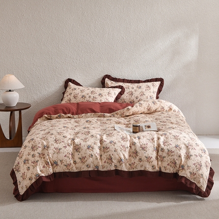 2025新款A类纯棉双层纱皱皱纱花边四件套（复古风） 花漾-酒红色