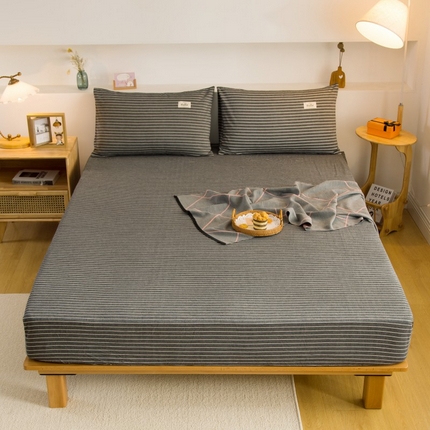 柠萌家居 2025新款A类全棉色织水洗棉单床笠 中条纹深灰