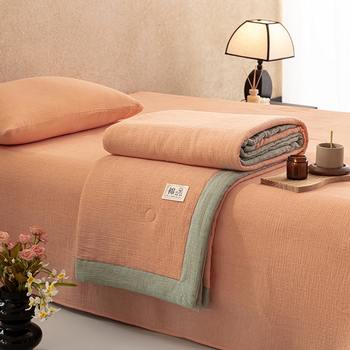 91家纺网 家纺一手货源 找家纺 吾诺 2025 纯色全棉泡泡双层纱夏被大豆夏被子被芯夏被四件套夏凉被空调被 日落桔
