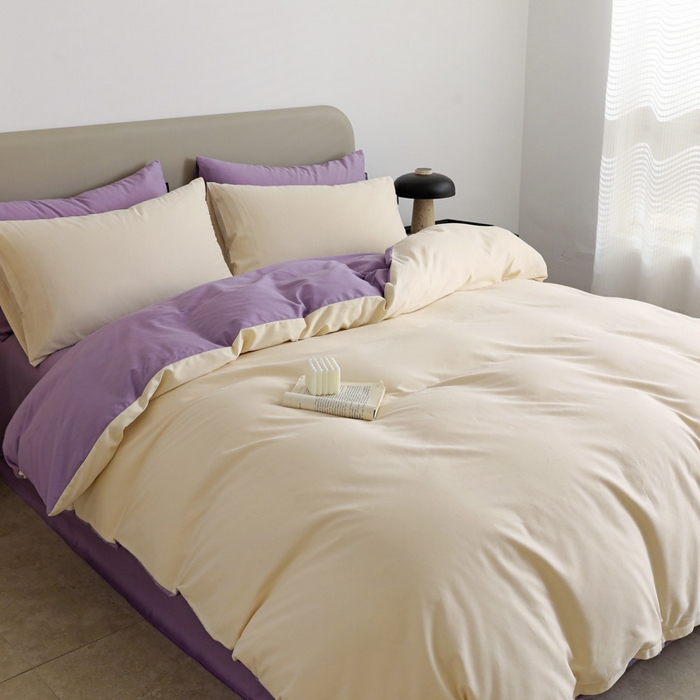 91家纺网 家纺一手货源 找家纺 2025年纯色双拼60支纯棉被套 奶白+丁香紫