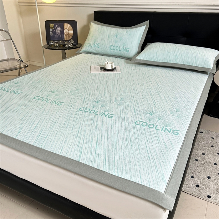 91家纺网 家纺一手货源 找家纺 雯豆2025中分子PE凉感冰丝凉席三件套平铺绑带款席子 银杏叶PE席-蓝