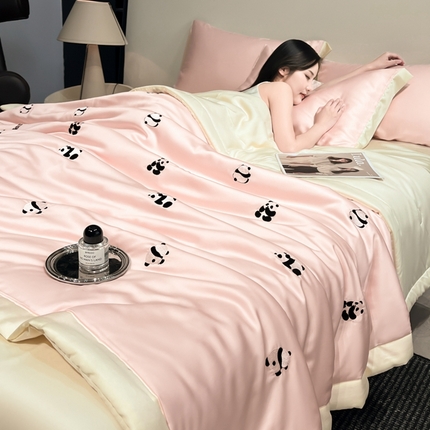 如一 2024新款满绣系列水洗冰丝夏被四件套熊猫-粉米