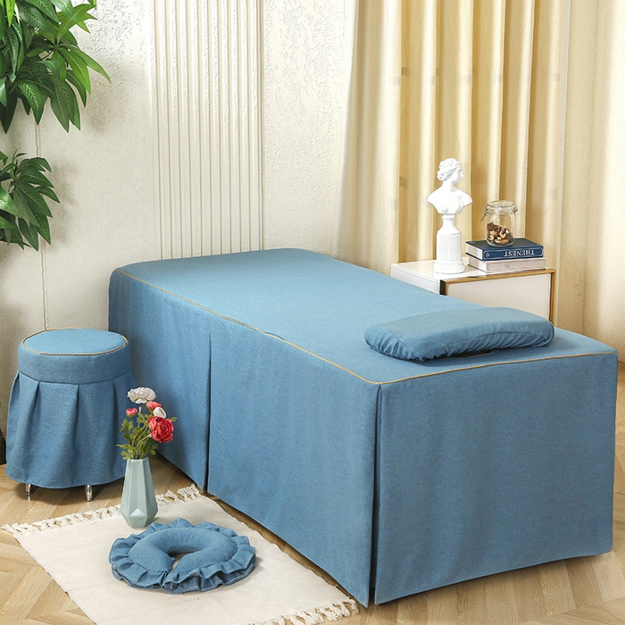 91家纺网 家纺一手货源 找家纺 芙怡 2025春夏新款8023款棉麻绒贴花美 容床罩-花漾系列 花漾-湖蓝