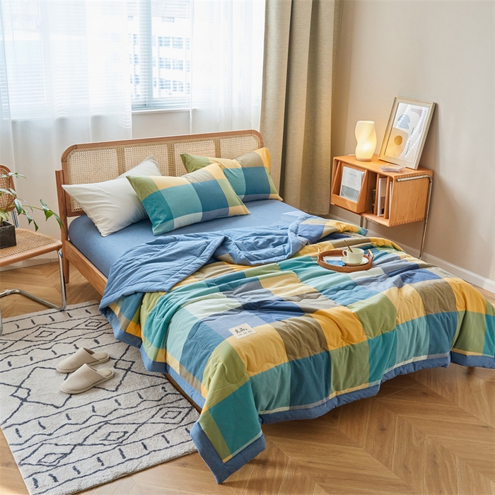 91家纺网 家纺一手货源 找家纺 2025新款A类纯棉水洗棉色织棉花夏被四件套全棉空调被夏凉被 绚丽格