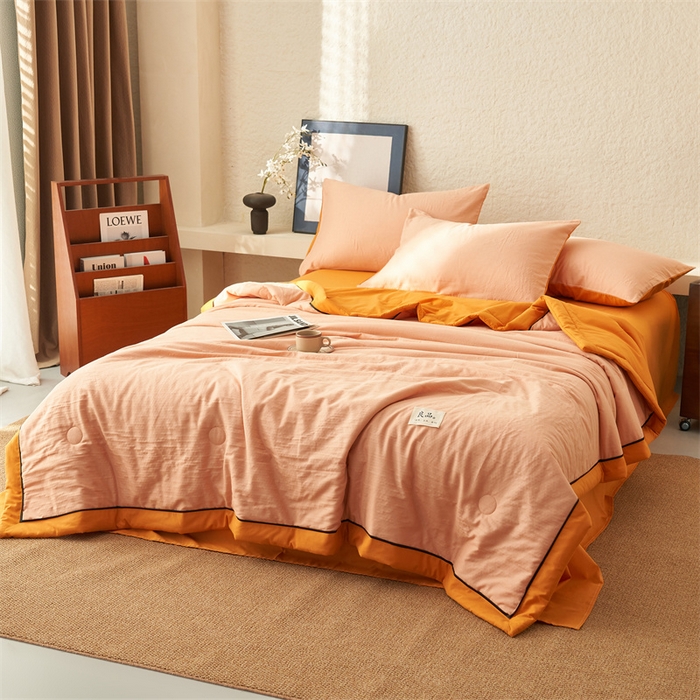 91家纺网 家纺一手货源 找家纺 2025新款新款A类纯棉双层纱大豆夏被四件套全棉空调被 蜜桔