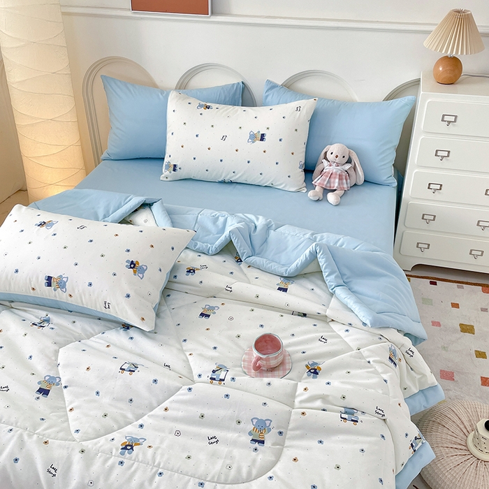 91家纺网 家纺一手货源 找家纺 宜家坊 2025新款全棉夏被碎花卡通小清新简约纯棉夏凉被夏被四件套三件套 波点小象