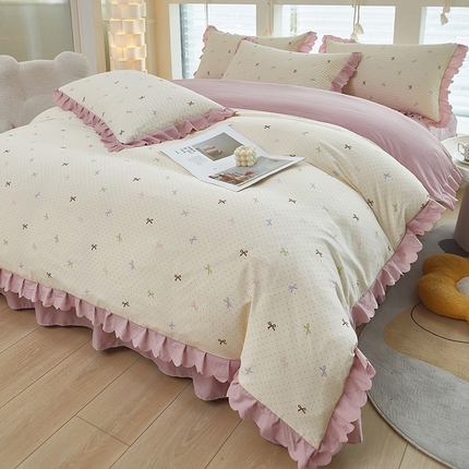 美之润家纺2025新款针织棉被套床盖印花四件套 赫本风-蝴蝶结-粉