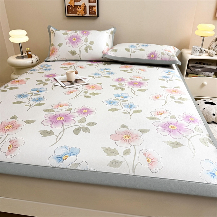 91家纺网 家纺一手货源 找家纺 雯豆2025夏季新品冰藤印花凉席三件套平铺绑带款冰丝凉席三件套 冰藤席-绑带款-出水芙蓉