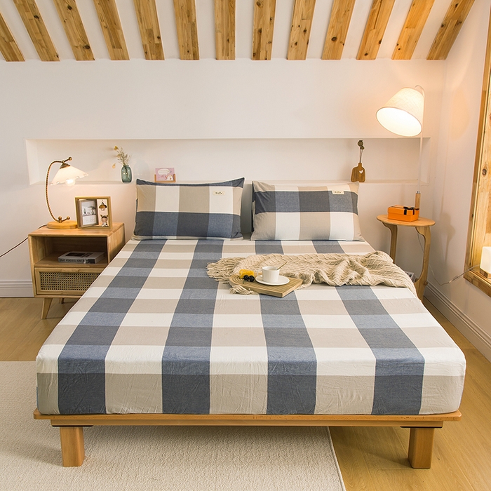 91家纺网 家纺一手货源 找家纺 柠萌家居 2025新款A类全棉色织水洗棉单床笠 蓝大格