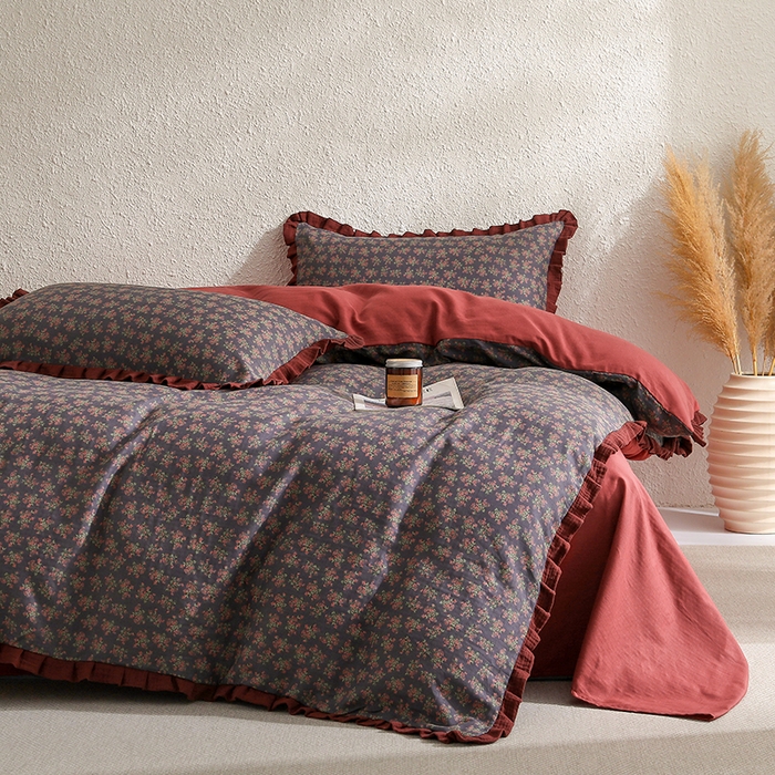 91家纺网 家纺一手货源 找家纺 2025新款A类纯棉双层纱皱皱纱花边四件套（复古风） 希语