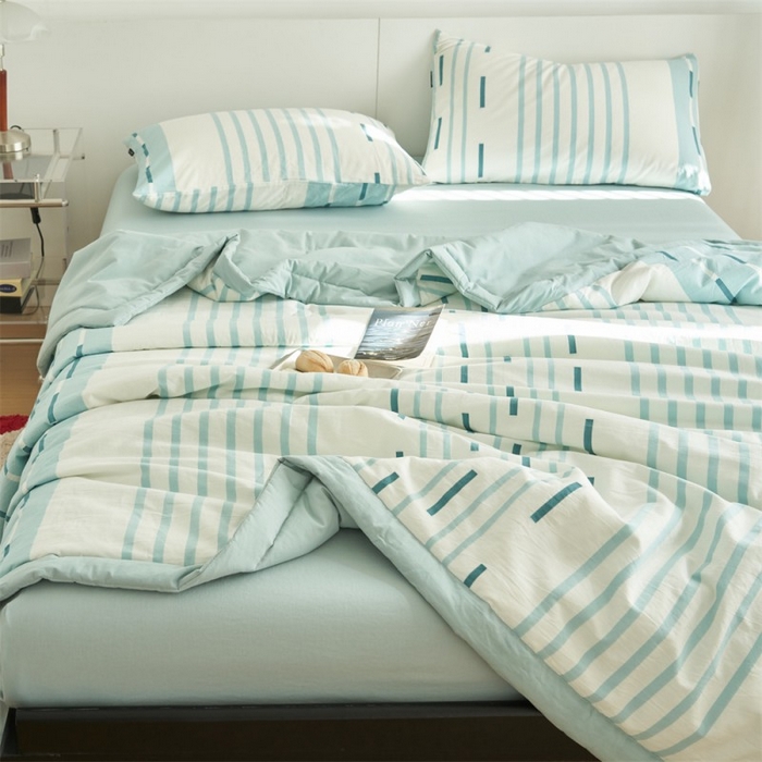91家纺网 家纺一手货源 找家纺 金鹰 2025新款A类纯棉水洗棉三层条纹提花大豆夏被四件套 条纹-天蓝