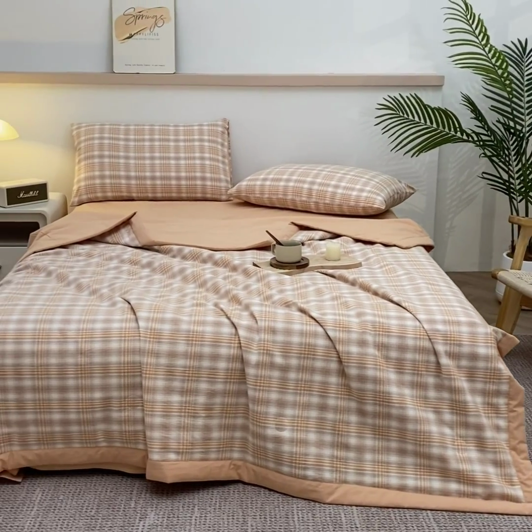 91家纺网 家纺一手货源 找家纺 吾诺 2025 全棉色织水洗棉夏被大豆夏被四件套被子被芯空调被夏凉被 桔色格