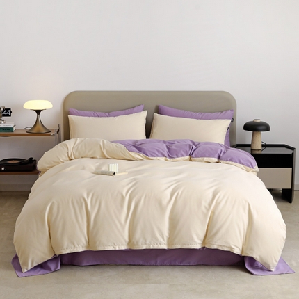 91家纺网 家纺一手货源 找家纺 2025年纯色双拼60支纯棉被套 奶白+丁香紫