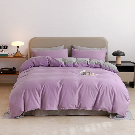 91家纺网 家纺一手货源 找家纺 2025年纯色双拼60支纯棉被套 丁香紫+浅灰