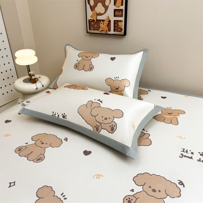 91家纺网 家纺一手货源 找家纺 雯豆2025夏季新品冰藤印花凉席三件套平铺绑带款冰丝凉席三件套 冰藤席-绑带款-阳光狗