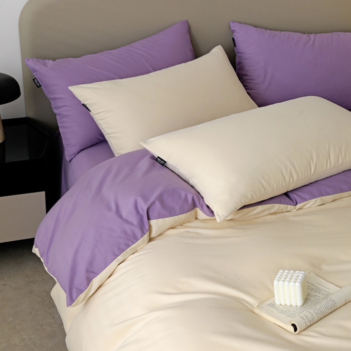 91家纺网 家纺一手货源 找家纺 2025年纯色双拼60支纯棉被套 奶白+丁香紫