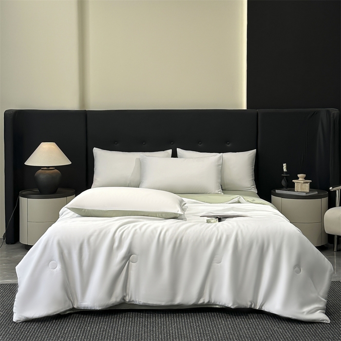 91家纺网 家纺一手货源 找家纺 金鹰 2025新款A类莱赛尔50天丝拼色空调被大豆夏被四件套 珍珠白