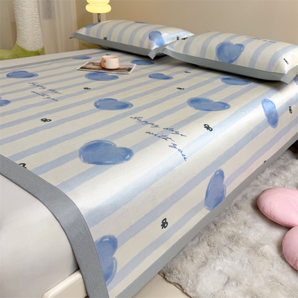 雯豆2025夏季新品冰藤印花凉席三件套平铺绑带款冰丝凉席三件套 冰藤席-绑带款-心心相印