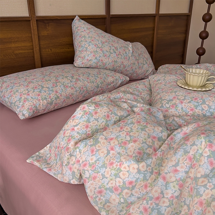 91家纺网 家纺一手货源 找家纺 优品阁  2025新款A类全棉有氧双层纱四件套 庭花香