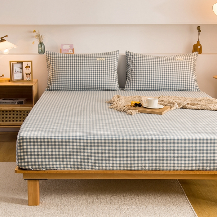 91家纺网 家纺一手货源 找家纺 柠萌家居 2025新款A类全棉色织水洗棉单床笠 浅蓝小格