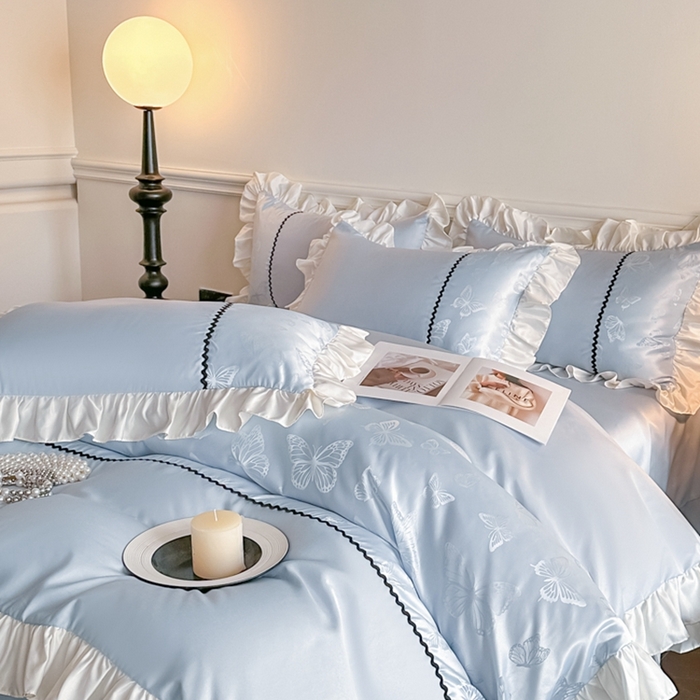 91家纺网 家纺一手货源 找家纺 米彩家纺 2025新款A类水洗真丝亮光浮雕花边四件套 天兰