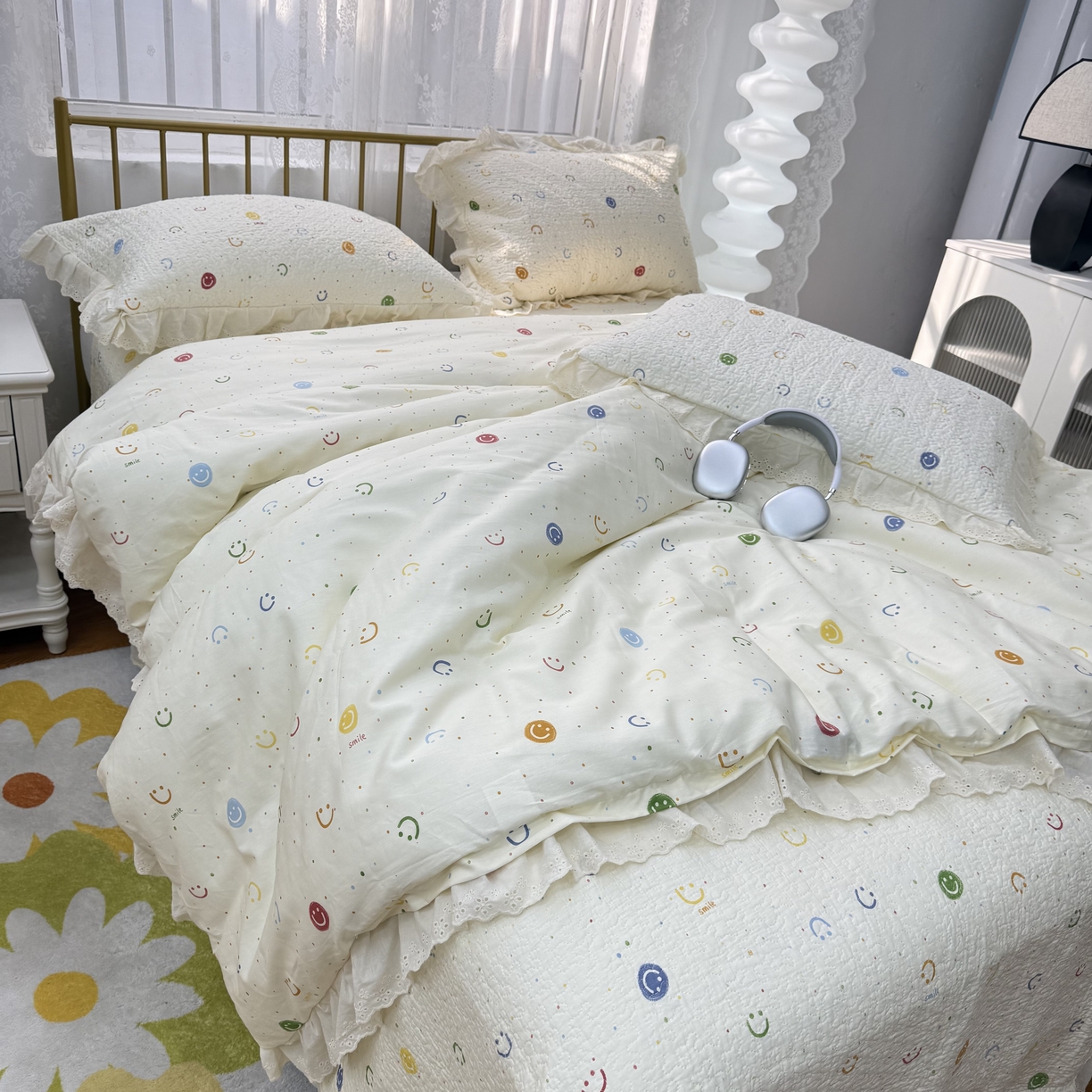 91家纺网 家纺一手货源 找家纺 暖居 2025春夏款高温砂洗棉花床盖三件套被套四件套同款纯棉夏被空调被四季爱心笑脸