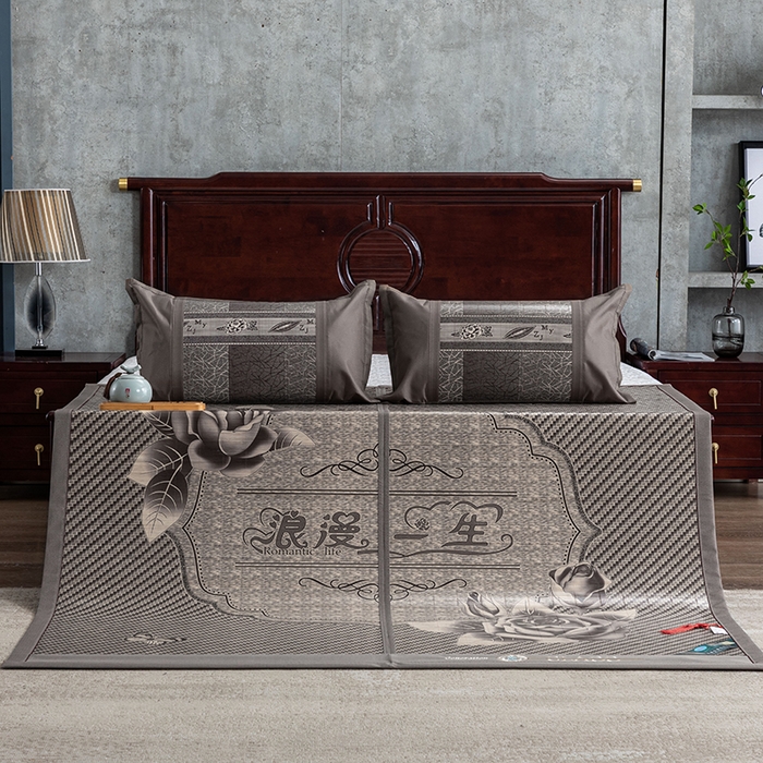 91家纺网 家纺一手货源 找家纺 苏迪凉席竹席2025新款竹席凉席冰丝席碳化双面印花藤草席 浪漫一生 灰