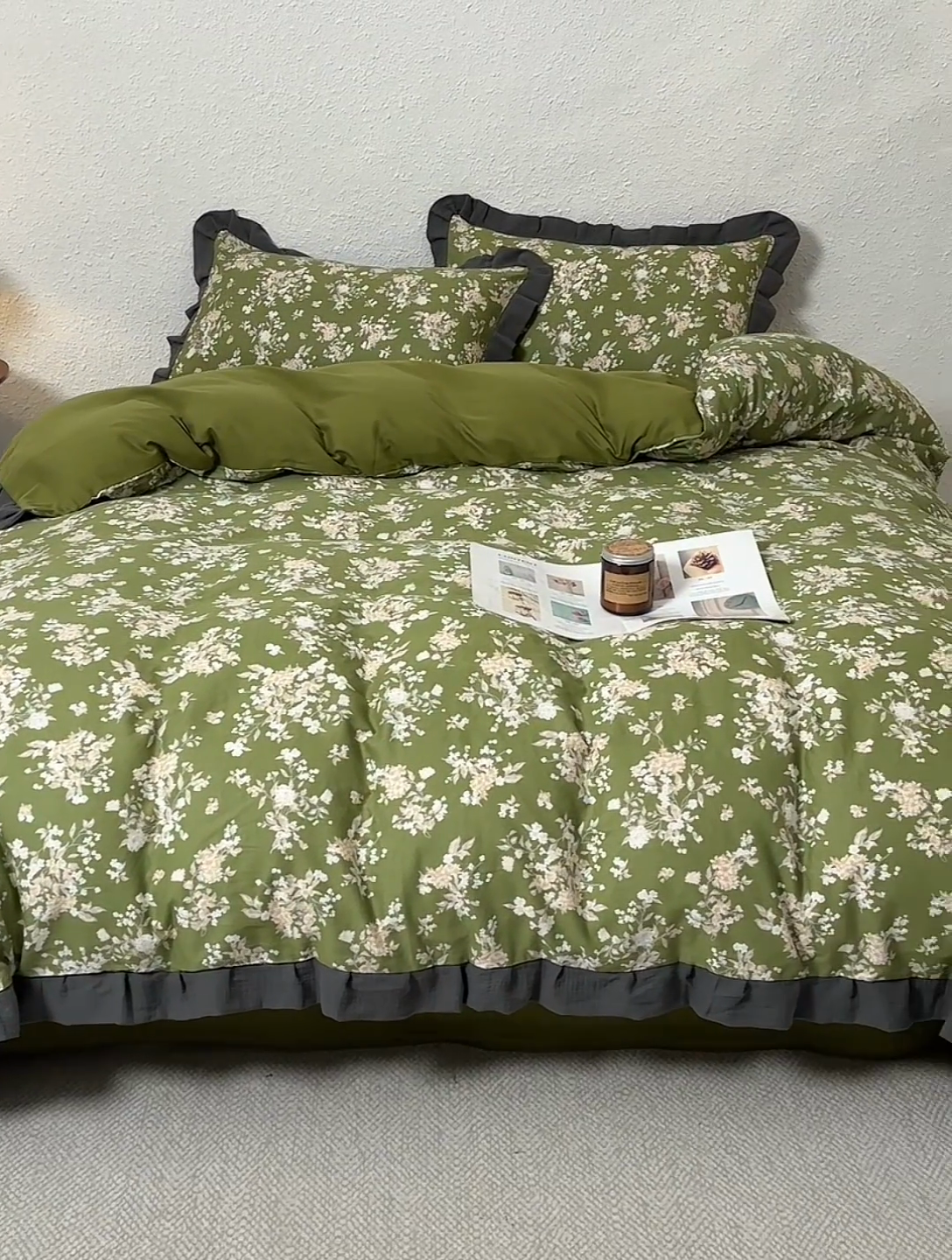 91家纺网 家纺一手货源 找家纺 2025新款A类纯棉双层纱皱皱纱花边四件套（复古风） 曼晴-牛油果绿