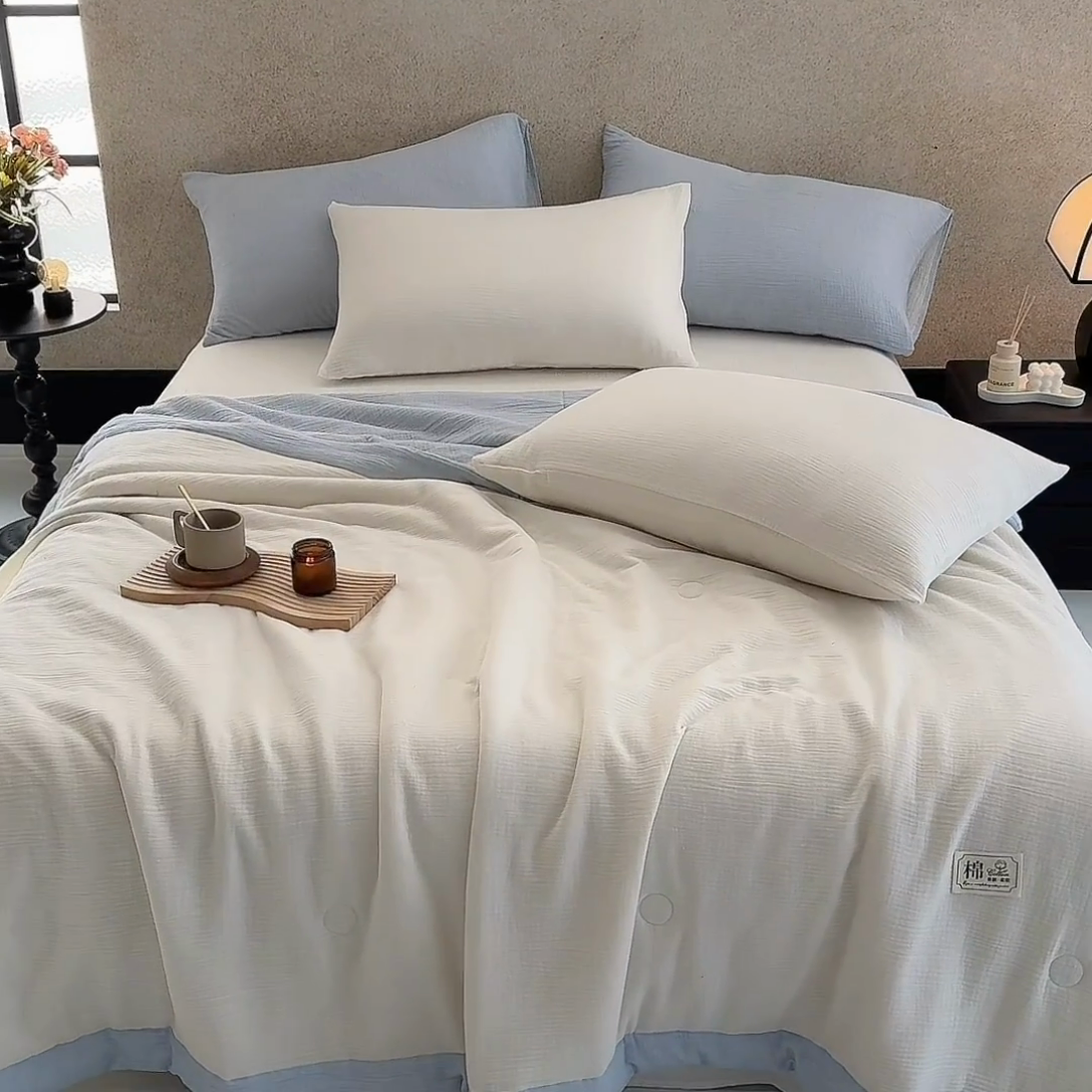 91家纺网 家纺一手货源 找家纺 吾诺 2025 纯色全棉泡泡双层纱夏被大豆夏被子被芯夏被四件套夏凉被空调被 仙仙米