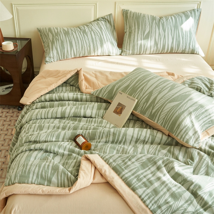 91家纺网 家纺一手货源 找家纺 金鹰 2025新款A类纯棉提花水洗棉全棉空调被大豆夏被四件套 条纹-緑咖
