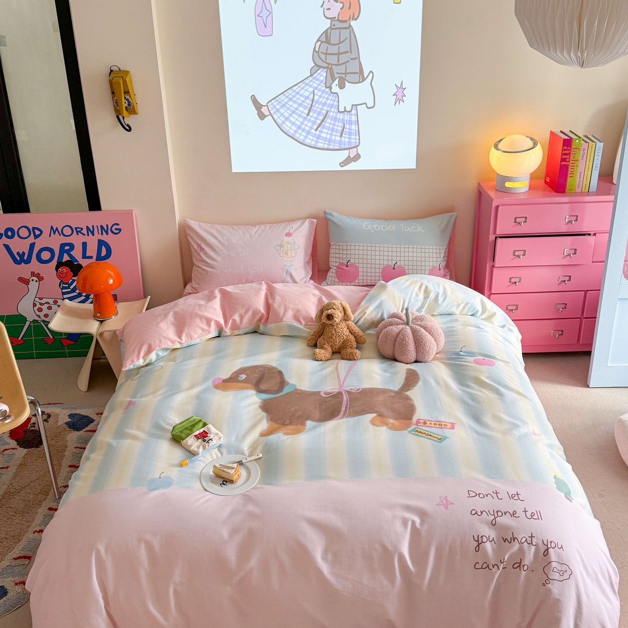 91家纺网 家纺一手货源 找家纺 美乐迪家纺 2025新款大版全棉四件套 露丝的腊肠狗