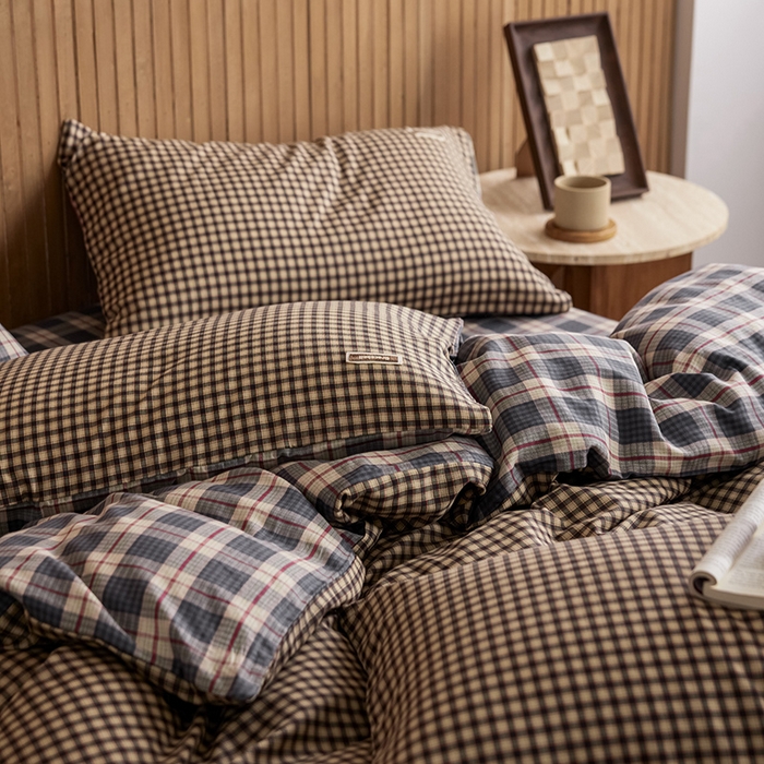 91家纺网 家纺一手货源 找家纺 安莱生活 2025 全棉双层纱苏格兰格纹系列四件套 小米格