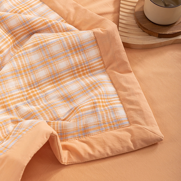 91家纺网 家纺一手货源 找家纺 吾诺 2025 全棉色织水洗棉夏被大豆夏被四件套被子被芯空调被夏凉被 桔色格