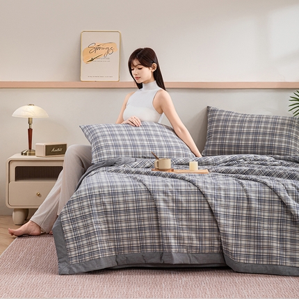 吾诺 2025 全棉色织水洗棉夏被大豆夏被四件套被子被芯空调被夏凉被 细灰格