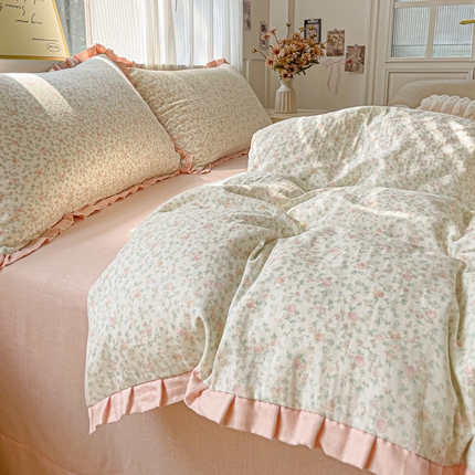 91家纺网 家纺一手货源 找家纺 忆生活家纺 2025新款全棉韩版双层纱花边款四件套 伊洛娜