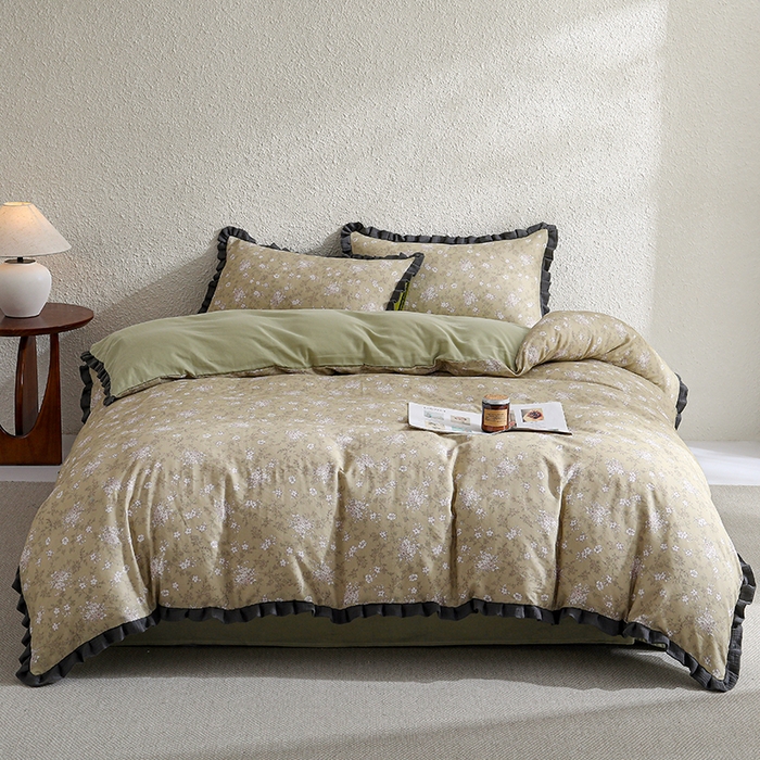 91家纺网 家纺一手货源 找家纺 2025新款A类纯棉双层纱皱皱纱花边四件套（复古风） 豆蔻