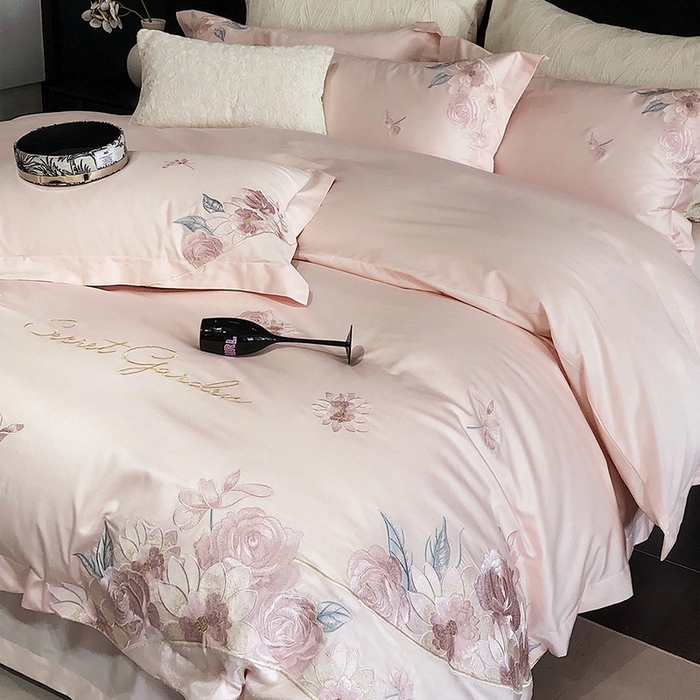 91家纺网 家纺一手货源 找家纺 2025新款高支高密全棉50s长绒棉绣花刺绣款纯棉四件套高端简奢直播礼盒装