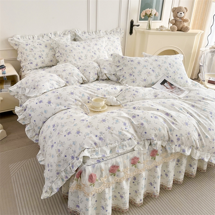 91家纺网 家纺一手货源 找家纺  十个点 2025新款全棉纯棉蕾丝花边床裙 花小莱-紫